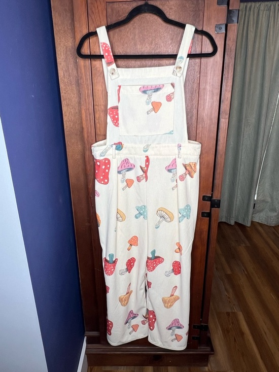 Cider Mushroom Print Corduroy Overalls Wide Leg Cottagecore Indie Beige L - Picture 5 of 9